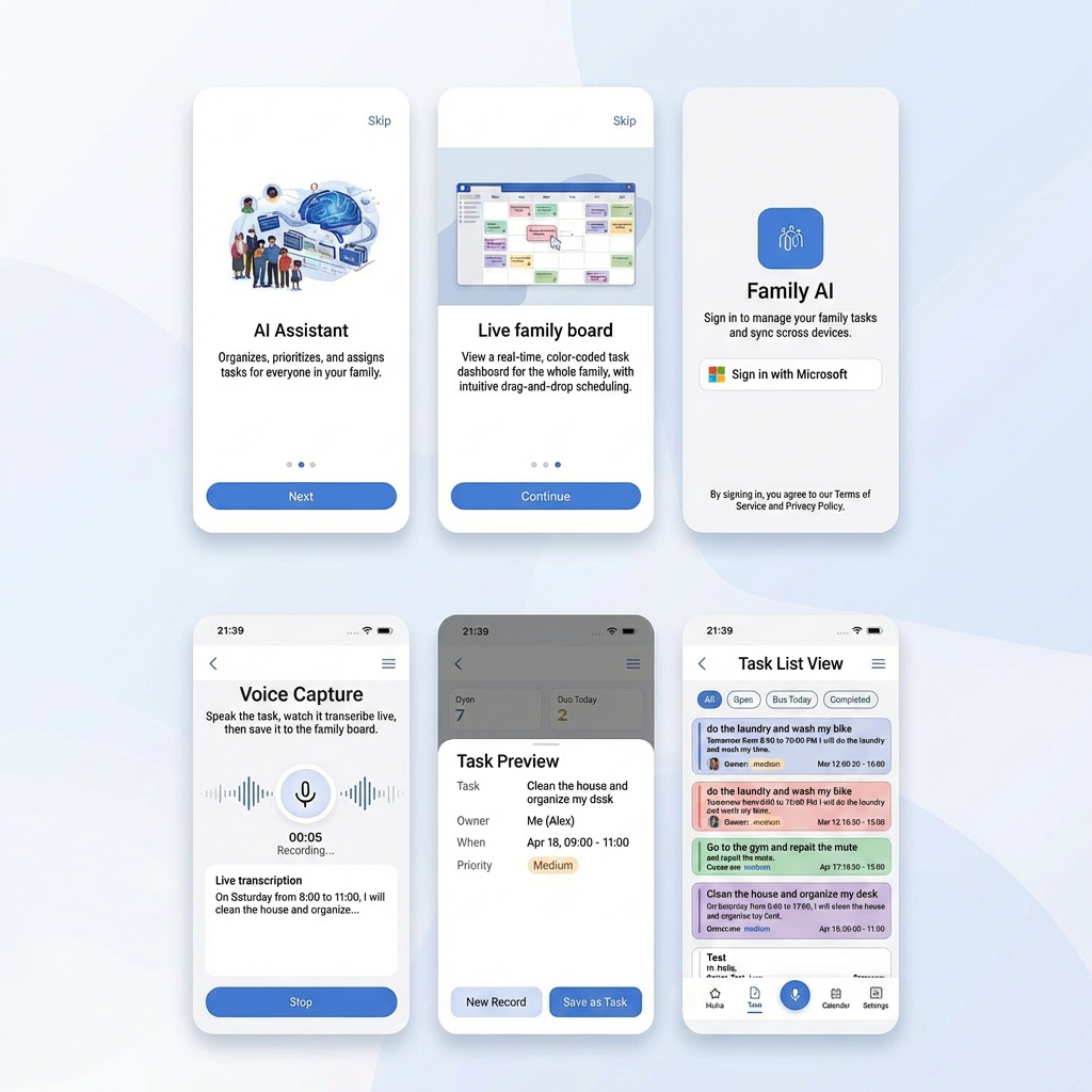 Family AI standardized UI design system: onboarding, sign-in, voice capture, task preview, and task list screens
